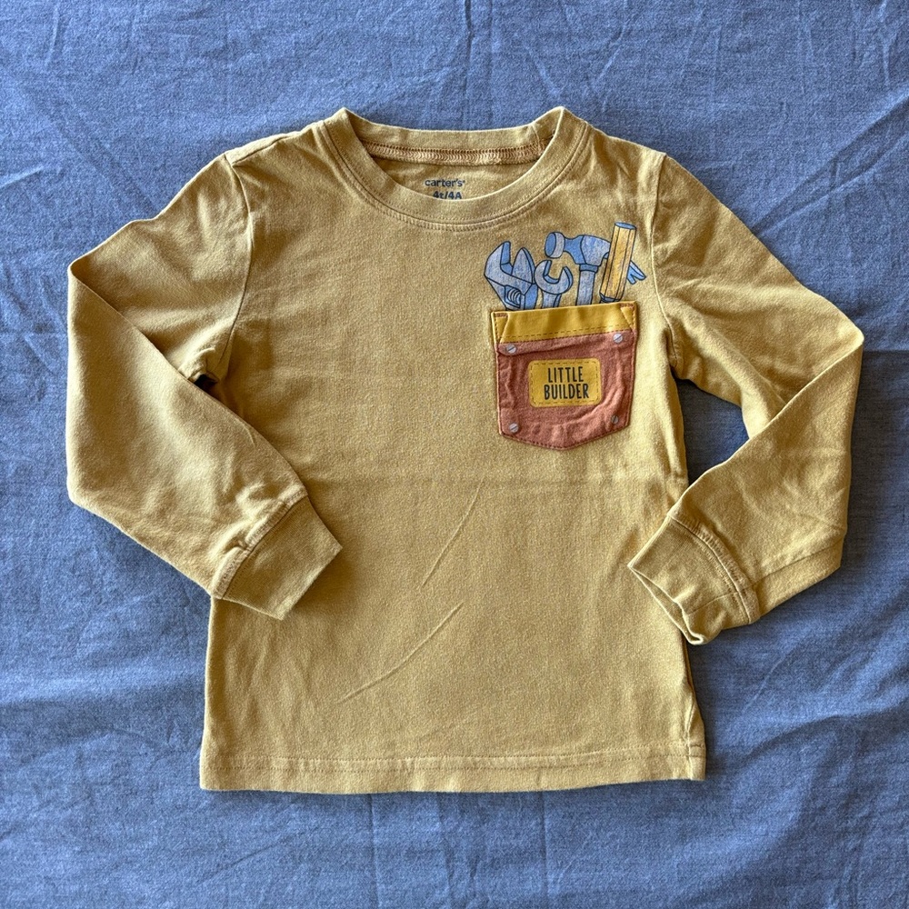 Carters Boys Long Sleeve Gold T-Shirt with Tool Design on Pocket. Size 4T